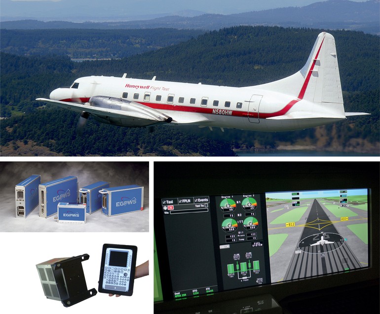 avião de testes Convair 580, visão sintética do táxi, protótipo de FMS touchscreen e módulos EGPWS
